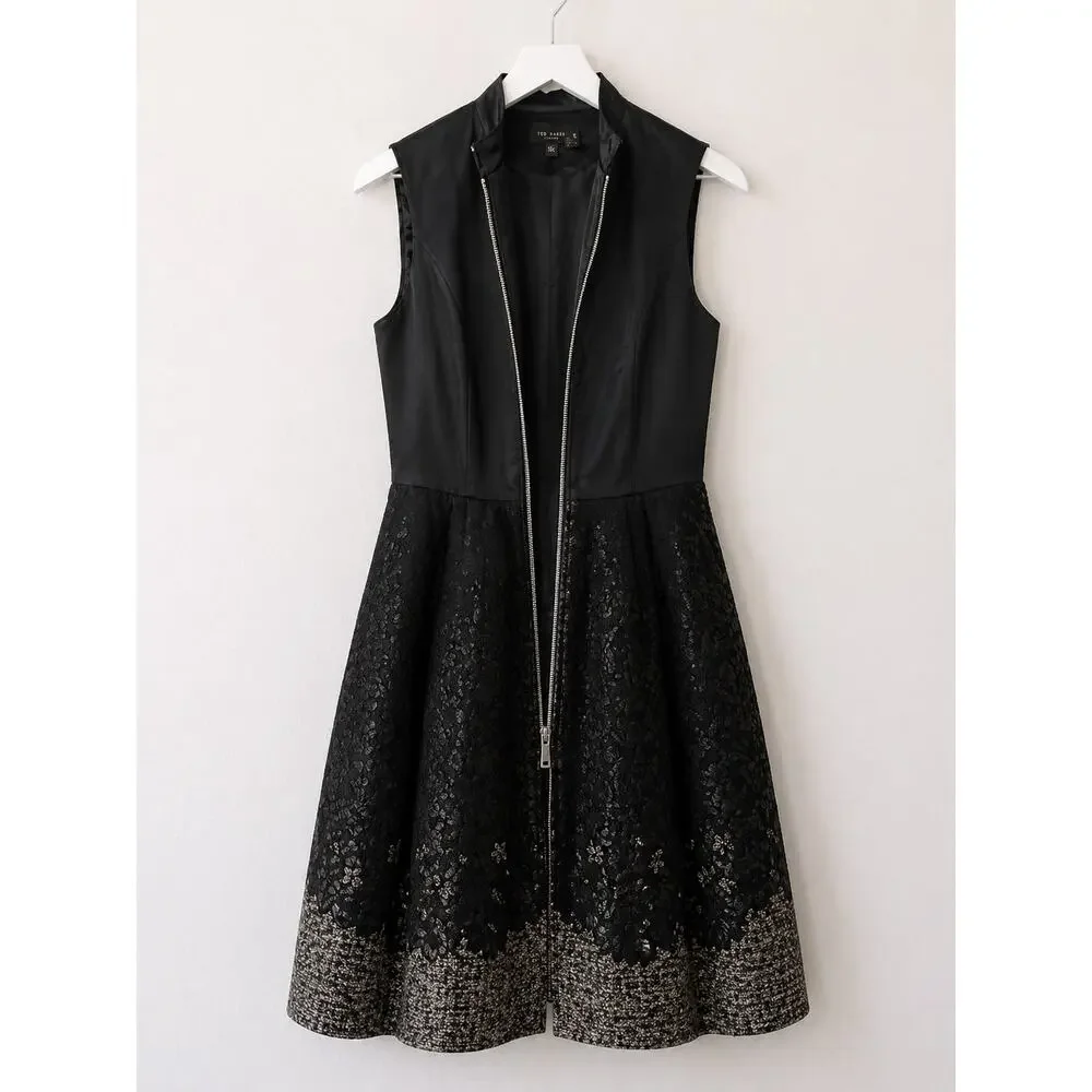 Ted Baker Black Gold Jacquard Zip Front Fit & Flare Dress size 2 - Picture 4 of 8